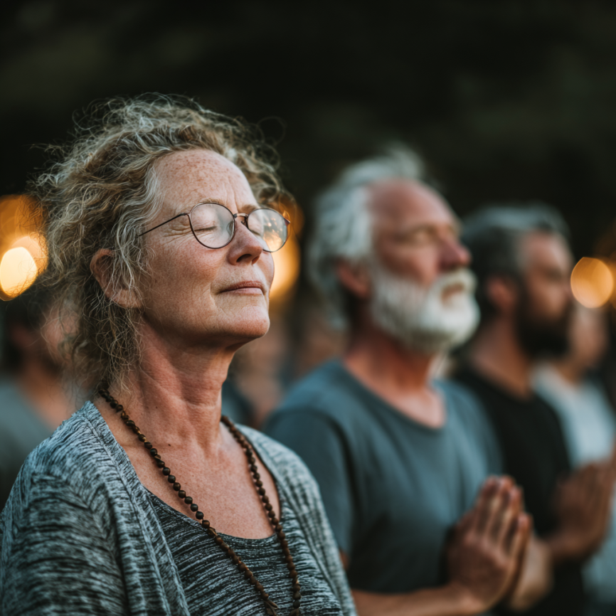 Літня пара практикує йогу на природі